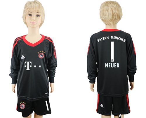 Bayern Munchen #1 Neuer Black Goalkeeper Long Sleeves Kid Soccer Club Jersey - Click Image to Close